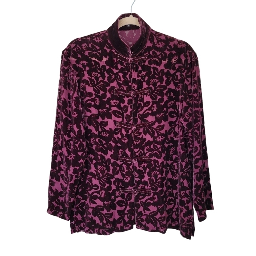Burgundy Velvet Burnout Blouse Floral Design Asian Inspired Mandarin Collar - Picture 3 of 10